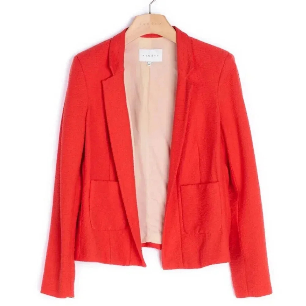 Sandro Blazer Jacket Coat Long Sleeve Shoulder Pads Pockets Open Orange 36 Small